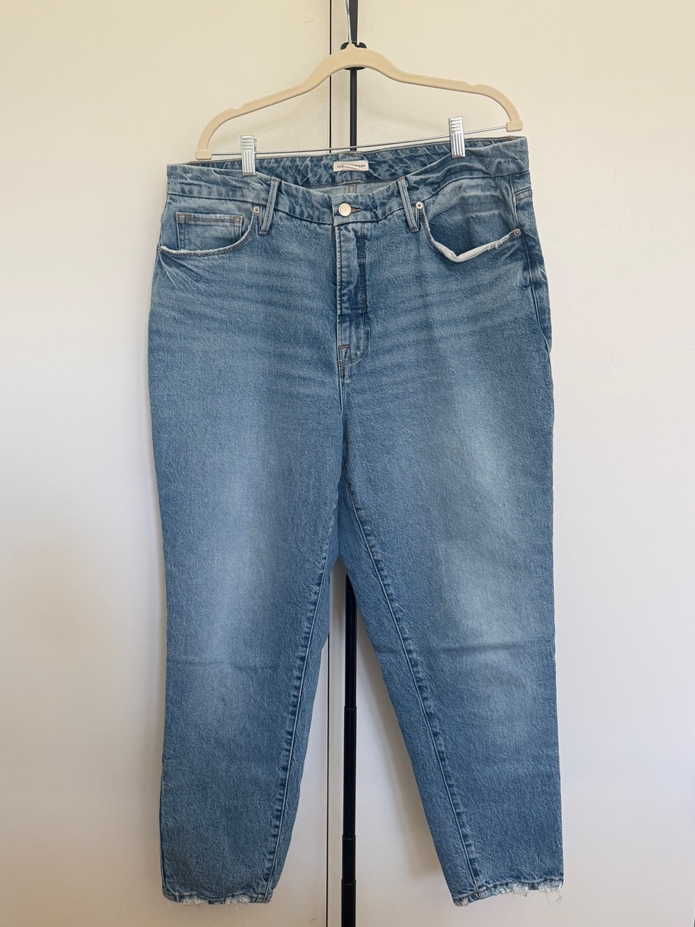 Good American Straight-Leg Jeans with Slight Distressing & Stretch
